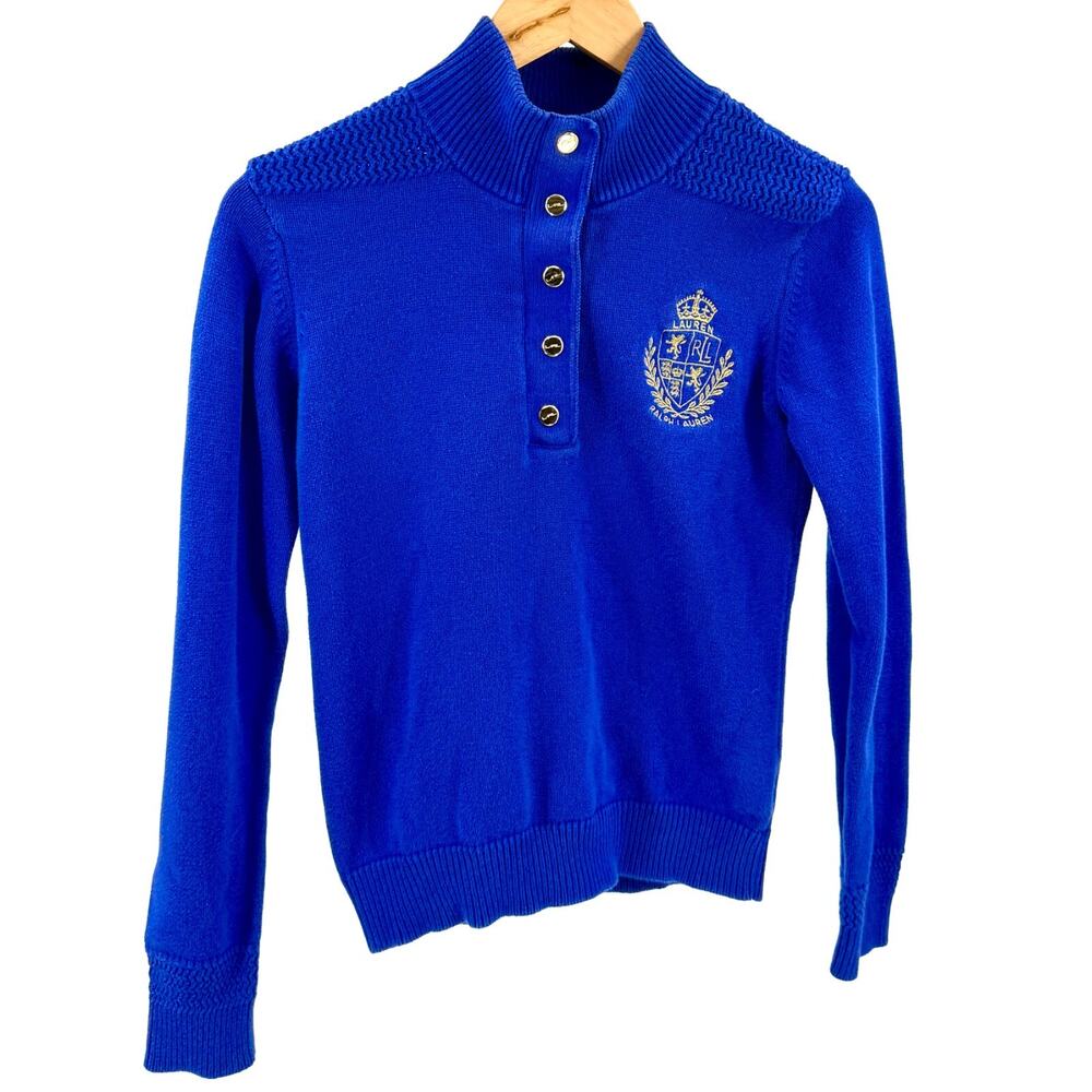 Vintage 90s Lauren Active Ralph Lauren Cobalt 100% Cotton Crest Snap Sweater